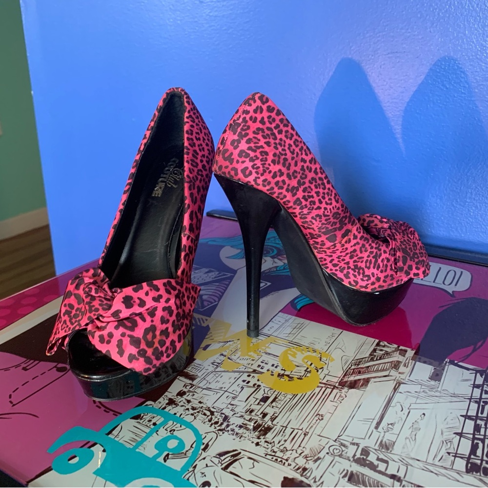 Pink and Black Leopard Print Peep-Toe Stiletto Heels